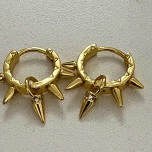 Gold Spike Huggie Earrings with Dangling Pointed Charm